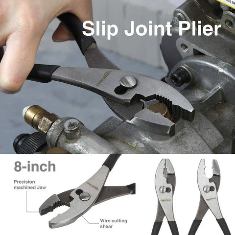 8-inch slip joint plier in use for gripping pipe, part of Versatile Pliers Set For DIY Home Maintenance Including 8 Inch Needle Nose Pliers, 8 Inch Diagonal Cut Pliers, 8 Inch Slip Joint Pliers, And 7 Inch Lineman Pliers For Precise Grips And Everyday Wire Cutting.