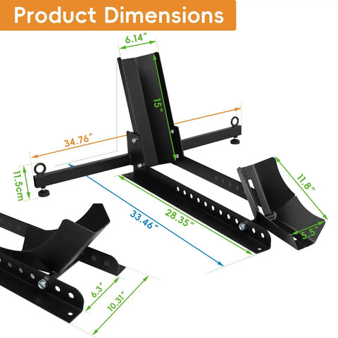 Diagram showing dimensions of Heavy Duty Motorcycle Front Tire Chock For 15 To 30 Inch Wheels with adjustable stand and cradle positions.