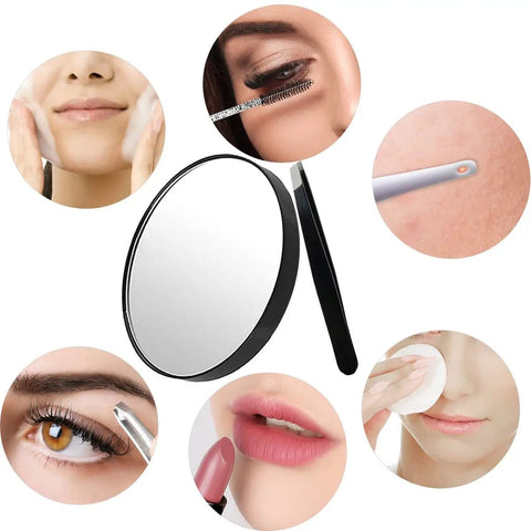 10X Magnifying Makeup Mirror With Stainless Steel Tweezers Portable Round Mirror Travel Set displayed with suction cups for use