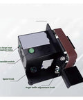 Compact Electric Belt Sander And Polishing Machine For Desktop Use High Efficiency Grinder For Wood Metal Crafting DIY Projects Small Sanding Tool Easy To Handle For Home Workshops showing speed control and adjustment knobs.