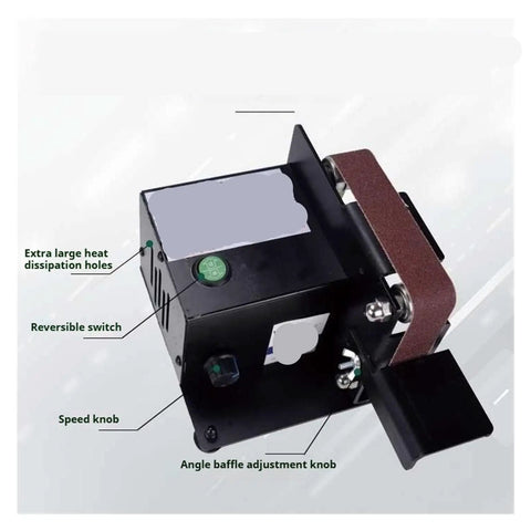 Compact Electric Belt Sander And Polishing Machine For Desktop Use High Efficiency Grinder For Wood Metal Crafting DIY Projects Small Sanding Tool Easy To Handle For Home Workshops showing speed control and adjustment knobs.