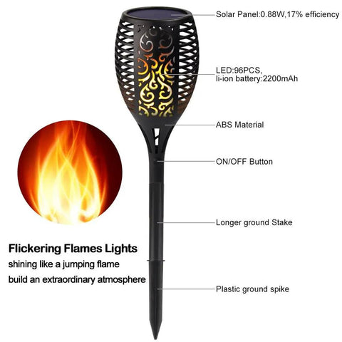 Pack Of 4 Tiki Torch Lights With 96 LEDs Sun Powered Waterproof Dusk To Dawn Auto On Off Flickering Flame Landscape Path
