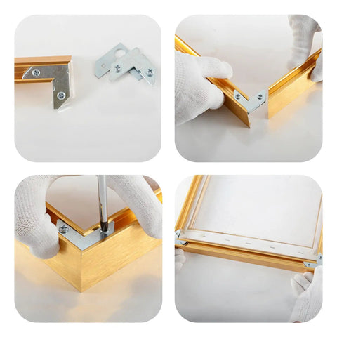 Installation process of Rock Solid L Shaped Corner Brace Brackets 30 Pack 35x13mm for framing picture support.