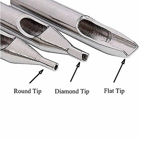 Pro Grade 22 Piece Stainless Steel Tattoo Tip Kit With Cleaning Brush For Tattoo Machines And Guns, showing round, diamond, flat tips.