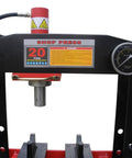 20 Ton Air Powered Hydraulic Shop Press Featuring Deluxe Sliding Carriage Precision Pressure Gauge with clear display and heavy-duty frame.