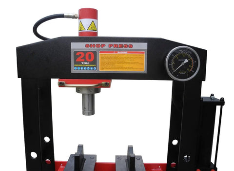 20 Ton Air Powered Hydraulic Shop Press Featuring Deluxe Sliding Carriage Precision Pressure Gauge with clear display and heavy-duty frame.
