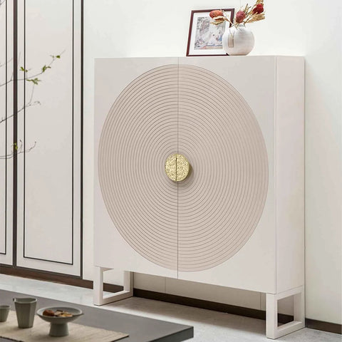 Elegant cabinet with decorative concentric design and gold handle, showcasing Auspicious Chinese Pattern Hardware for Classic Home Renovation.