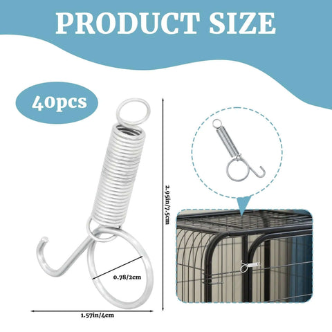 40-pack metal finger-spring latch hooks for rabbit cages; silver finish with ring and hook.