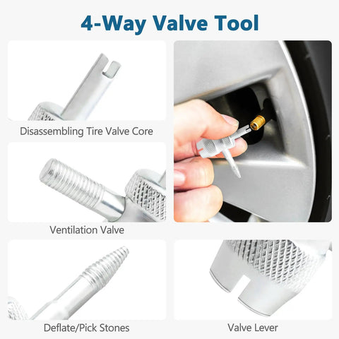 45 Pc Tire Valve Stem Core Removal Tool Kit With Dual Head Removers 4-way valve tool in action on a tire rim