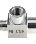 Stainless Steel Street Tee Pipe Fitting With 1/4NPT Male To Dual 1/4NPT Female Threads For Plumbing And DIY, 304 Grade, close-up view
