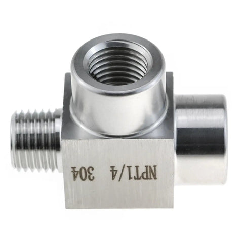 Stainless Steel Street Tee Pipe Fitting With 1/4NPT Male To Dual 1/4NPT Female Threads For Plumbing And DIY, 304 Grade, close-up view