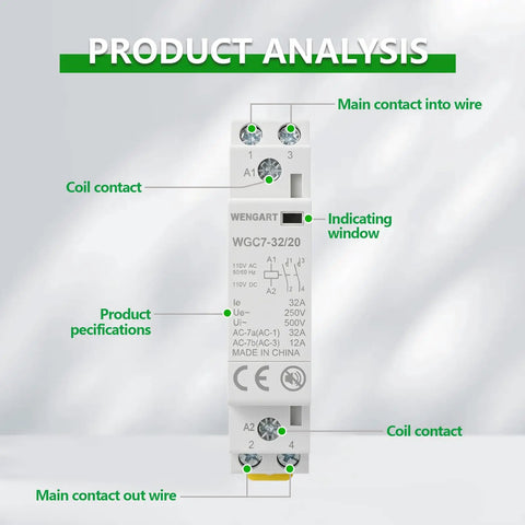 Dead Silent 32A AC DC Contactor Relay 2 Pole 2No Din Rail Heavy Duty Electrical Mod Knock Out Coil Buzz For Hvac Crews And Ev Charger Builds Zero Hassle Operation labeled diagram showing contact points and specifications.