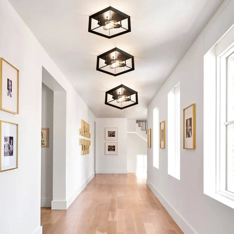 Two Pack Black 11 Inch Semi Flush Mount Ceiling Lights Modern Industrial Square Metal Close To Ceiling Lighting installed in hallway