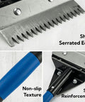 Legit Heavy Duty Two In One Roof Shingle Removal Shovel With Built In Nail Puller Comb And Short D Handle Made From Tough Carbon Steel To Make Your Reroofing Jobs Hella Easier detailed view showing sharp serrated edge and non-slip textured handle.