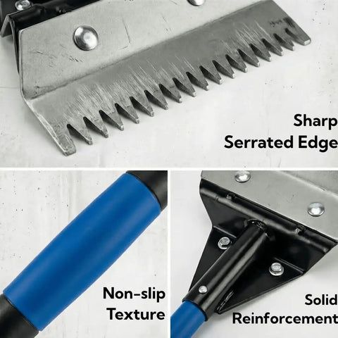 Legit Heavy Duty Two In One Roof Shingle Removal Shovel With Built In Nail Puller Comb And Short D Handle Made From Tough Carbon Steel To Make Your Reroofing Jobs Hella Easier detailed view showing sharp serrated edge and non-slip textured handle.