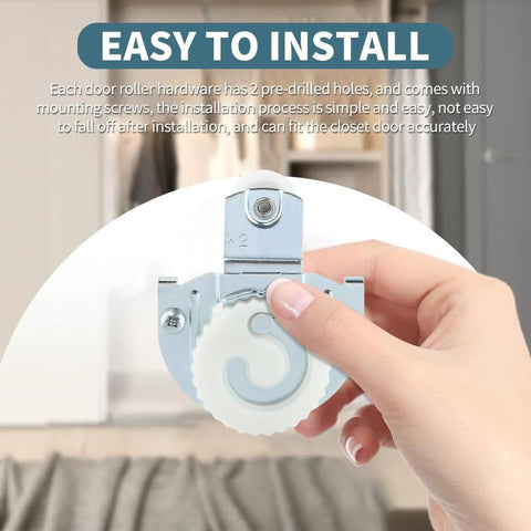 4 Pieces Sliding Closet Door Rollers Set With Eight Screws For Top Hung Wardrobe Sliding Doors Hardware shown in hand