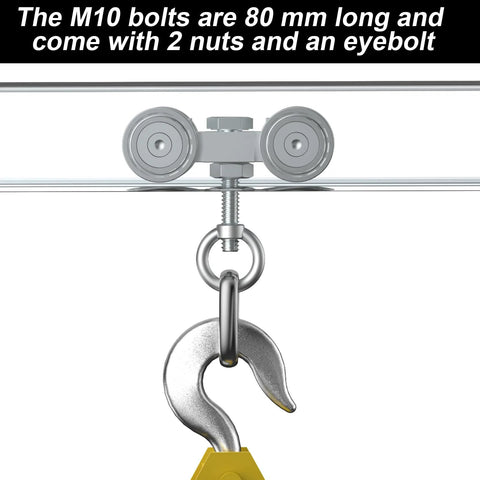 Four Wheel Unistrut Trolley Assembly Kit with Silent M10 Bolt and Nuts for 1-5/8 Inch Wide Strut Channel with lifting eye nut