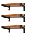 Three wooden shelves mounted on black Beefy 6 Pack Shelf Brackets 10 Inch Wall Mounted T Shaped Industrial Metal Shelving Supports With Lip Black Finish