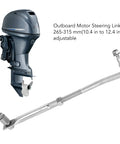 Adjustable Stainless Steel Outboard Steering Linkage 265-315mm Universal Fit for Most Marine Outboard Engines Up to 200HP, Marine Boat Steering Arm Lever for Smooth Handling, shown with outboard motor