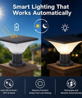 Solar Powered Post Cap Lights Outdoor Dusk To Dawn Auto On Off 400 Lumen Lanterns For Posts showing automatic features.