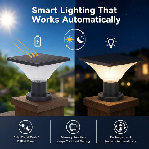 Solar Powered Post Cap Lights Outdoor Dusk To Dawn Auto On Off 400 Lumen Lanterns For Posts showing automatic features.