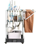 Heavy Duty Mobile Housekeeping Cart With Slick Rolling Wheels Built In Storage Shelves And Solid Broom Mop Holder, featuring cleaning supplies.