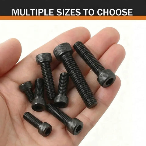 Multiple sizes of Heavy Duty M2.5 X 6MM Socket Head Cap Screws Bolts 50 Pack Black Oxide 304 Stainless Steel in hand.