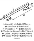 Diagram of 7 Inch Center To Center Golden Champagne Cabinet Pulls Set Of 10, Nine And Three Eighths Inch Overall Length showing dimensions.