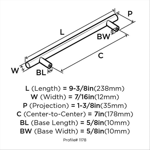 Diagram of 7 Inch Center To Center Golden Champagne Cabinet Pulls Set Of 10, Nine And Three Eighths Inch Overall Length showing dimensions.