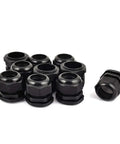 PG-29 Black Plastic Cable Glands Set, 10 Pack, shown in a cluster with one gland separated, waterproof IP68, rugged for outdoor use.
