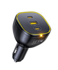 Straight Fire 165W USB C Car Charger PD 3.1 100W Quick Charge 5.0 showing three ports and grip design for vehicle use.