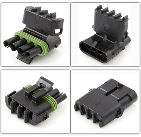 Top Shelf 4 Pin Weather Pack Connector Kit With Male And Female Terminals For 10 And 12 Gauge Wires Featuring Super Tough Sealters And Quick Disconnect Housing That Is Totally Waterproof And Built Like A Tank For Any Automotive Rig Or Heavy Duty Job black 4-pin connector