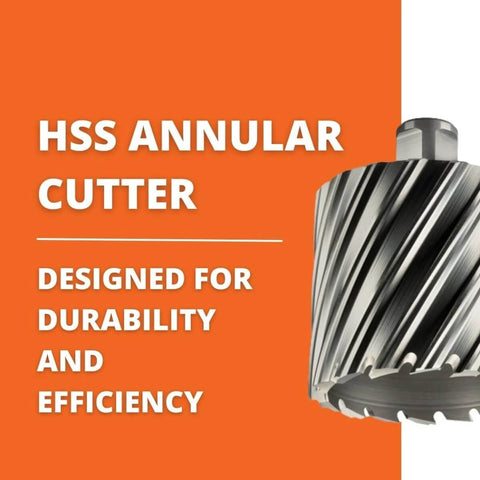 Side view of Slugger HSS annular cutter (high-speed steel) with spiral flutes on orange background
