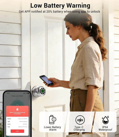 A woman using the No Sweat Fingerprint Smart Door Knob Lock With Nifty Keypad And Phone App Control For Quick Everyday Access and Locked Down Home Security In Fresh Bright Silver Finish to check battery alert on her phone.
