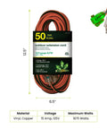 12/3 SJTW Outdoor Extension Cord With Lighted End, 50 Foot Long, Contractor Grade, packaging with specifications visible