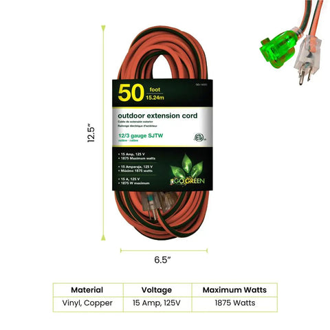 12/3 SJTW Outdoor Extension Cord With Lighted End, 50 Foot Long, Contractor Grade, packaging with specifications visible
