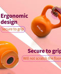 Orange 20 lb kettlebell with ergonomic wide grip and secure floor-friendly base, highlighting the comfortable design and weight marking.