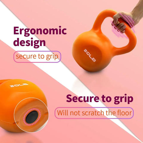 Orange 20 lb kettlebell with ergonomic wide grip and secure floor-friendly base, highlighting the comfortable design and weight marking.