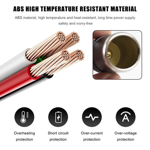 Heavy Duty AC To DC Power Converter Plug And Chug Adapter showing ABS high temperature resistant copper wires for safety.