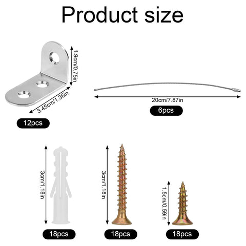 Anti Tip Furniture Anchors Set 24 Pieces Stainless Steel Wall Anchors For Baby Proofing And Home Safety Includes 4 Fall Prevention Devices 6 Long Screws 6 Short Screws 6 Expansion Tubes And 2 Wire Ropes product size chart