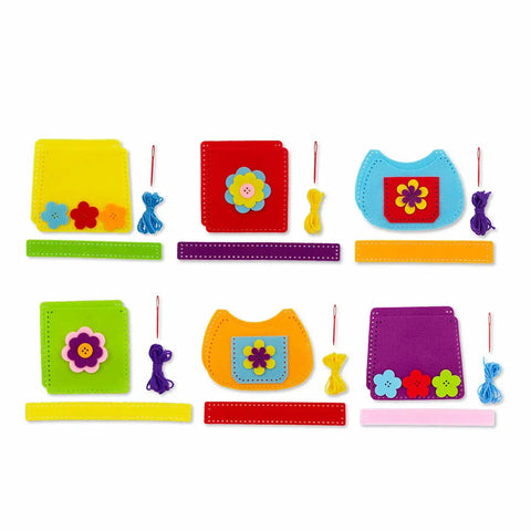 Beginner Sewing Kit For Kids Ages 6 And Up, includes six colorful felt bag pieces with handles and safe plastic needles.