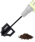 4-in-1 Soil Cultivator and Drill Tiller Attachment for Planter Boxes and Raised Beds attached to drill above soil pile