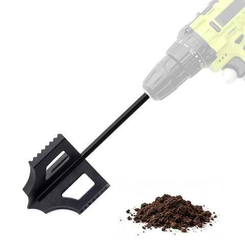 4-in-1 Soil Cultivator and Drill Tiller Attachment for Planter Boxes and Raised Beds attached to drill above soil pile