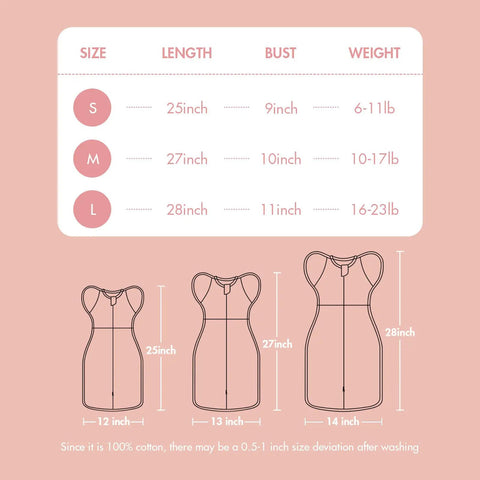 Size chart for Arms Up Newborn Swaddle Sleep Bag 0-3 Months, including bust, length, and weight ranges
