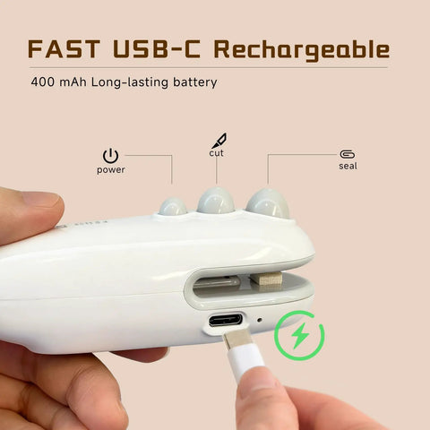 Close-up of USB-C port on 2 In 1 Bag Sealer With Cutter Portable Rechargeable Heat Sealer With Magnetic For Chips Snacks And Plastic Bags