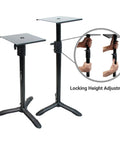 Heavy Duty Tubular Steel Studio Monitor Speaker Stands Pair With Adjustable Height, showing locking height adjustment mechanism.