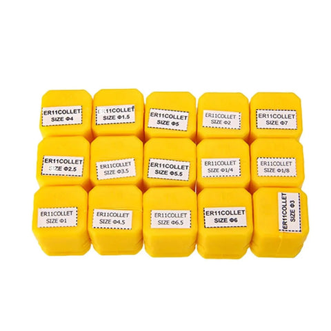 Top Rated ER11 Collet Chuck Shaft Extension Rod For Milling And CNC Machines Ensures Super Stable High Speed Rotation To Curb Vibration And Boost Smooth Finishes On Heavy Load Jobs Like A Champ - yellow collets of various sizes.