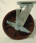 Eight By Two Inch Swivel Caster Kingpinless Ductile Steel Wheel With Brake Two Thousand Lbs Capacity Heavy Duty view showing base and wheel.