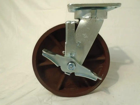 Eight By Two Inch Swivel Caster Kingpinless Ductile Steel Wheel With Brake Two Thousand Lbs Capacity Heavy Duty view showing base and wheel.