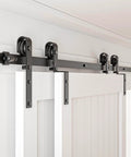 Bypass Sliding Barn Door Hardware Kit, Single Track System, Carbon Steel With Frosted Black Finish installed view